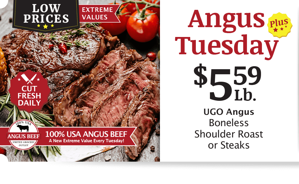 UGO Angus Beef London Broil, $4.99 per pound.