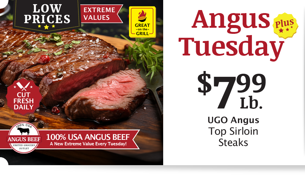 UGO Angus Beef London Broil, $4.99 per pound.
