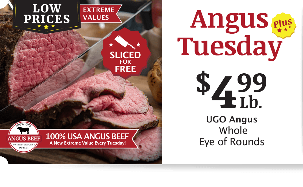 UGO Angus Beef London Broil, $4.99 per pound.