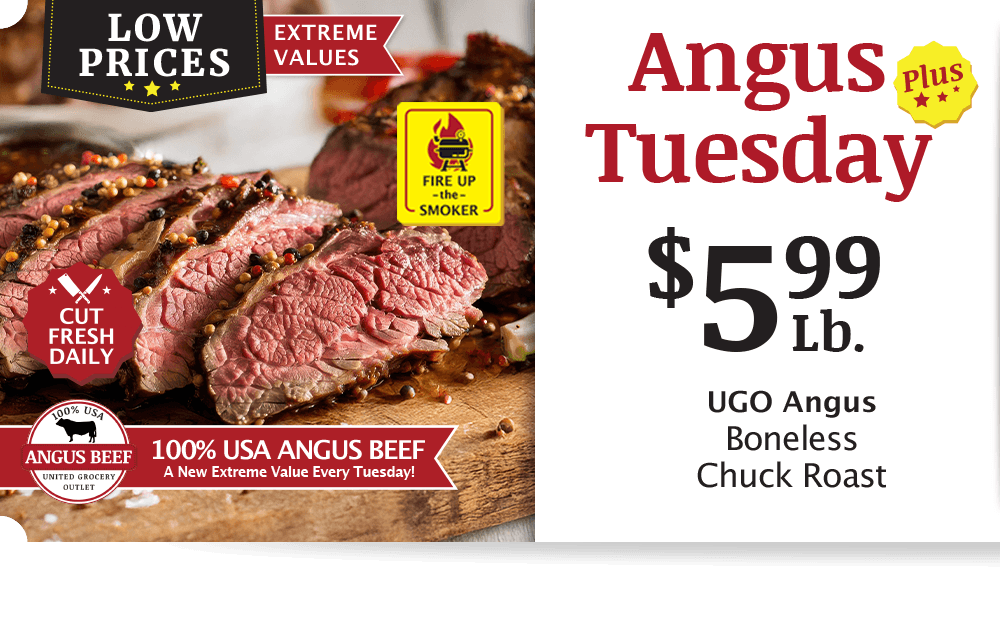 UGO Angus Beef London Broil, $4.99 per pound.