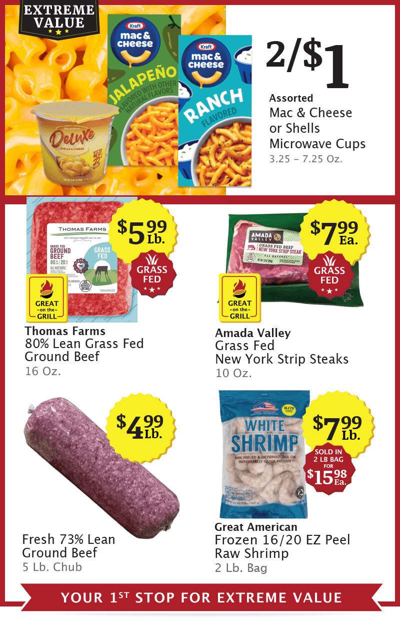 Name Brand Soft Baked Blueberry Bars 5 Ct., 6.55 Oz. is 2/$1 (Compare to $3.99), Cades Cove House Cut BBQ Pork Ribs 28 Oz. is $9.99 Ea., Thomas Farms 80% Lean Grass Fed Ground Beef 16 Oz. is $5.99 Ea., Wayside Bulk Market Bacon 10 Lb. Box is $2.99/Lb. (Sold in 10 lb box for $29.90 Ea.), and Organic Boneless New York Strip Steaks is $9.99/Lb.