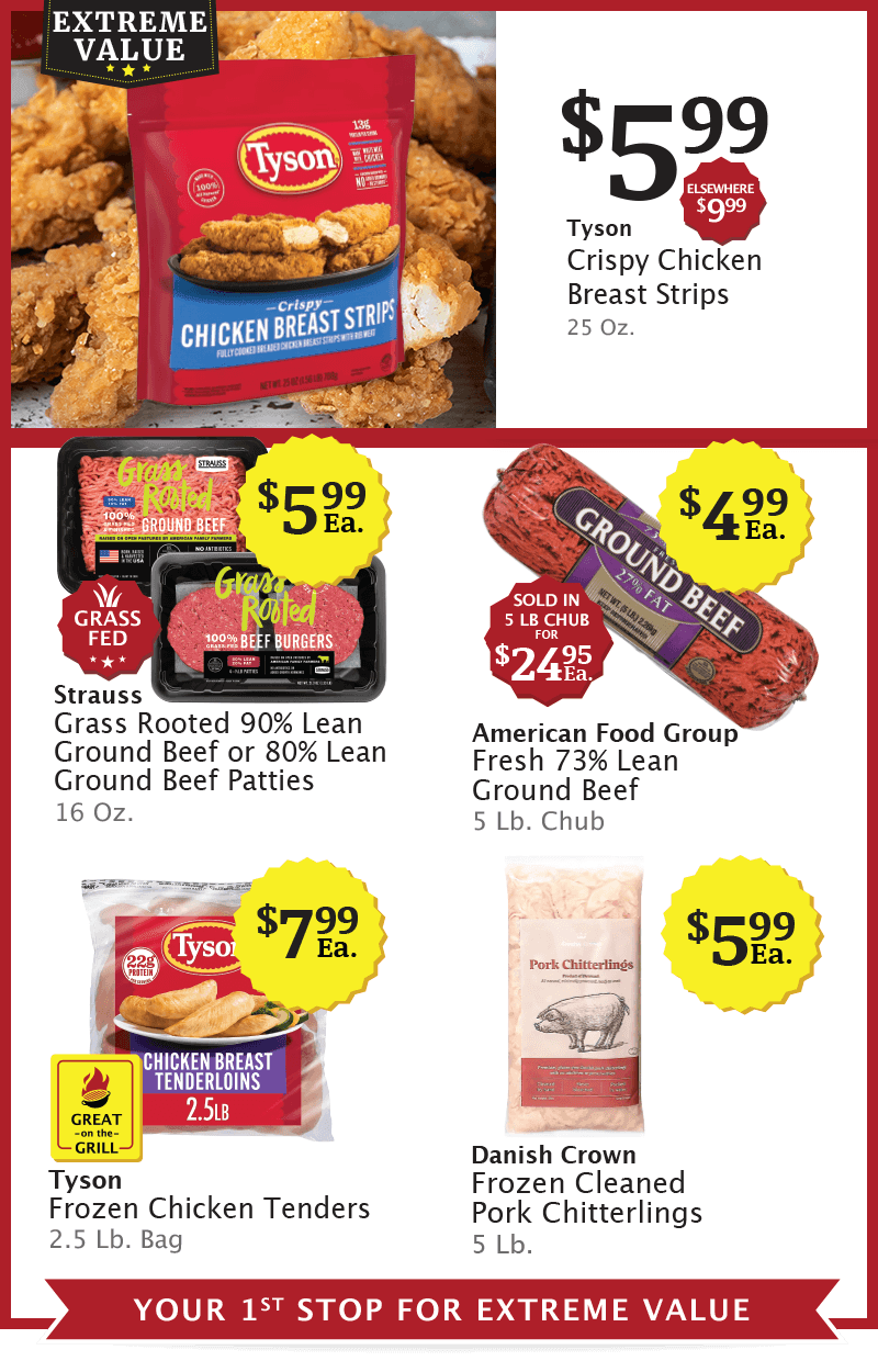 Name Brand Soft Baked Blueberry Bars 5 Ct., 6.55 Oz. is 2/$1 (Compare to $3.99), Cades Cove House Cut BBQ Pork Ribs 28 Oz. is $9.99 Ea., Thomas Farms 80% Lean Grass Fed Ground Beef 16 Oz. is $5.99 Ea., Wayside Bulk Market Bacon 10 Lb. Box is $2.99/Lb. (Sold in 10 lb box for $29.90 Ea.), and Organic Boneless New York Strip Steaks is $9.99/Lb.