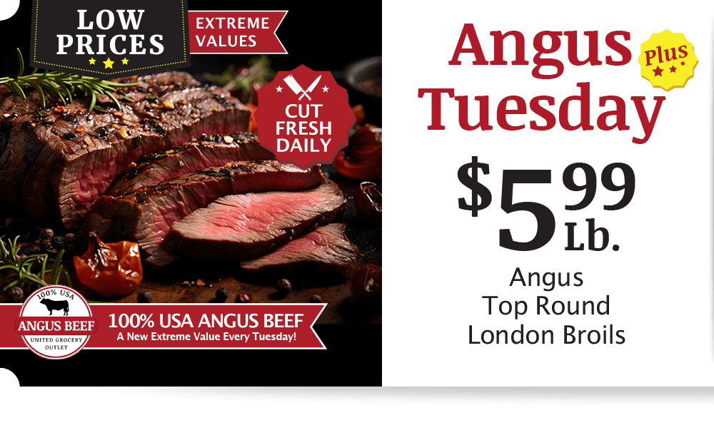 UGO Angus Beef London Broil, $4.99 per pound.