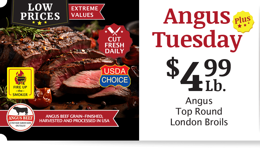 UGO Angus Beef London Broil, $4.99 per pound.