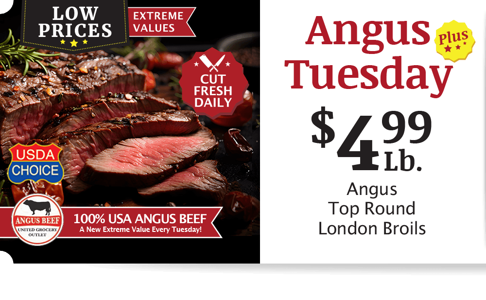 UGO Angus Beef London Broil, $4.99 per pound.
